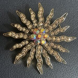 Vintage Rhinestone Starburst Brooch AB Aurora Borealis Pin Sun Gold Tone EUC